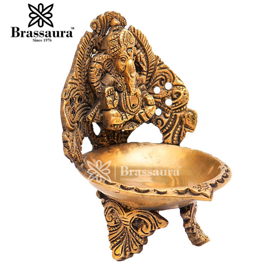 Brassaura® Brass Ganesh Diya with Golden Brass Finish | Pure Superfine Brass Handcrafted Murti | Brass Statue for Home Temple, Pooja Room | Height 5 Inches | Weight 0.7 Kgs