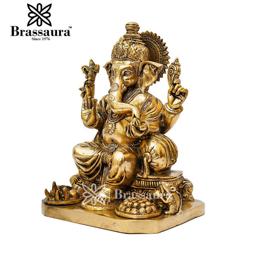 Brassaura™ Brass Ganesha Idol for Home and Decor | Weight 9.5 Kgs | Height 12.5 Inches