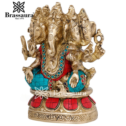 Brassaura™ Brass Gem Stone Work Panchmukhi Ganesha Statue for Home Décor & Gift | Weight 3.3 Kgs | Height 7 Inches