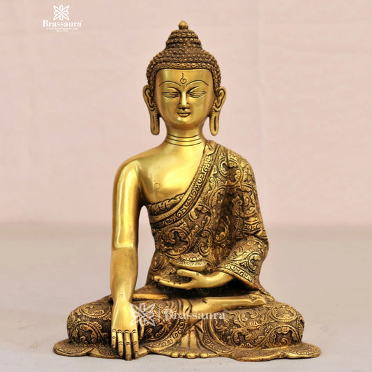 Brassaura® Antique Brass Meditating Buddha Idol | Pure Superfine Brass Handcrafted Murti | Brass Statue for Home Temple, Pooja Room | Height 11 Inches | Weight 3.4 Kg