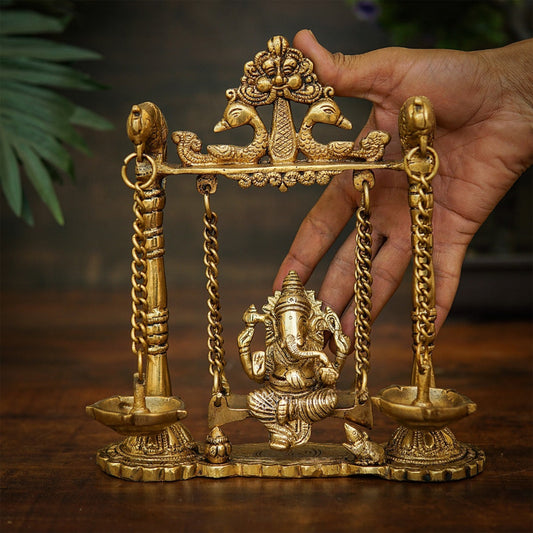 Brassaura™ Brass Ganesha Jhula Idol for Home and Decor | Weight 2.1 Kgs | Height 9 Inches