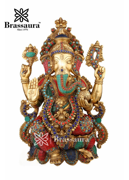 Brassaura™ Brass Big Size Gem Stone Work Jewellery Ganesha Idol for Home Décor | Weight 23 Kgs | Height 22 Inches