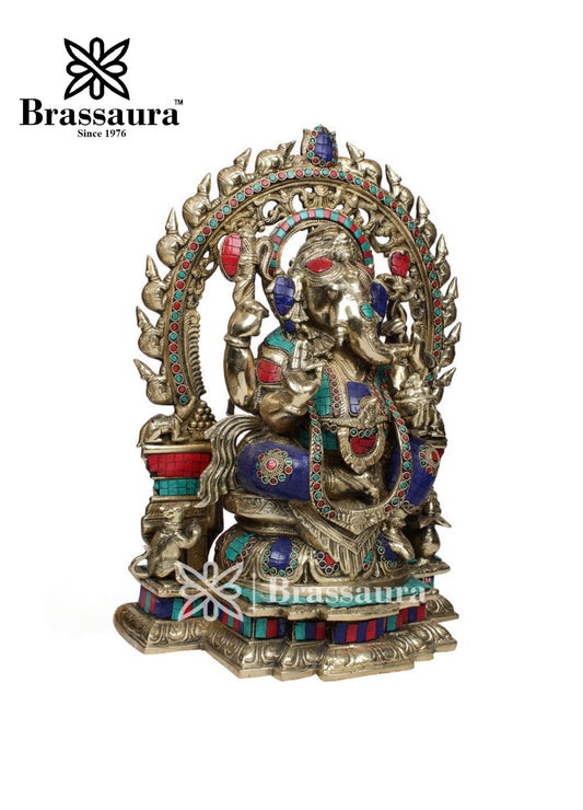 ब्रासौर™ ब्रास जेम स्टोन वर्क रिंग गणेश प्रतिमा घर की सजावट और उपहार के लिए | वज़न 16.8 किलोग्राम | ऊंचाई 18 इंच