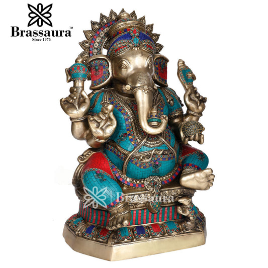 Brassaura™ Brass Gem Stone Work Ganesha Statue for Home Décor & Gift | Weight 45 Kgs | Height 35 Inches