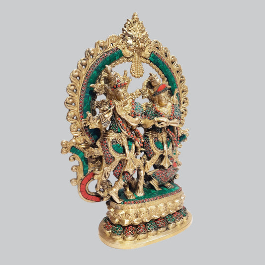 Brassaura® Radha Krishna with Stonework Arch | Intricate Brass Sculpture | Height 16 Inches & Weight 8.40 Kgs