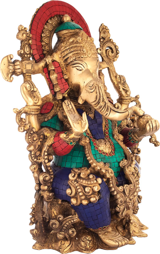 ब्रासौर™ अलंकृत प्रभावलि और इनले वर्क के साथ बैठे हुए भगवान गणेश | मीनाकारी स्टोनवर्क के साथ शुद्ध पीतल | ऊँचाई 15 इंच और वज़न 13.30 किग्रा