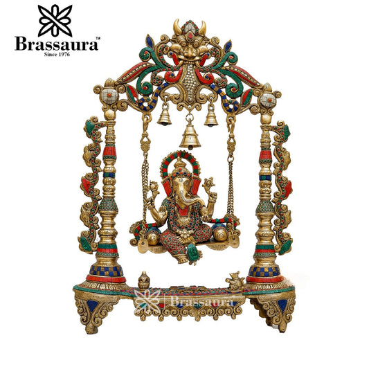 Brassaura™ Brass Gem Stone Work Ganesha Jhula Idol for Home and Decor | Weight 16.6 Kgs | Height 26 Inches