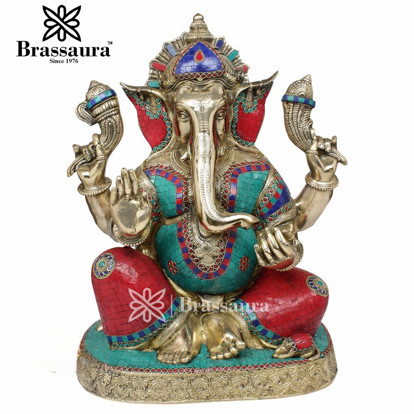 Brassaura™ Brass Gem Stone Work Ganesha Idol for Home Décor | Weight 26.5 Kgs | Height 20 Inches