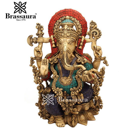Brassaura™ Brass Gem Stone Work Jewellery Ganesha Idol for Home and Decor | Weight 13.5 Kgs | Height 16 Inches