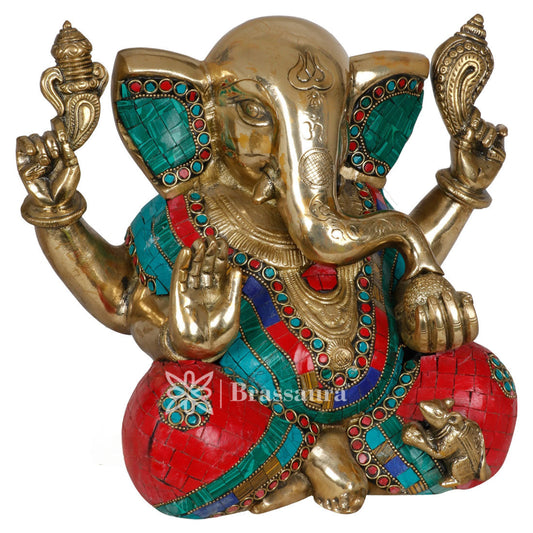 Brassaura™ Brass Gem Stone Work Ganesha Idol for Home Décor | Weight 8.5 Kgs | Height 9 Inches