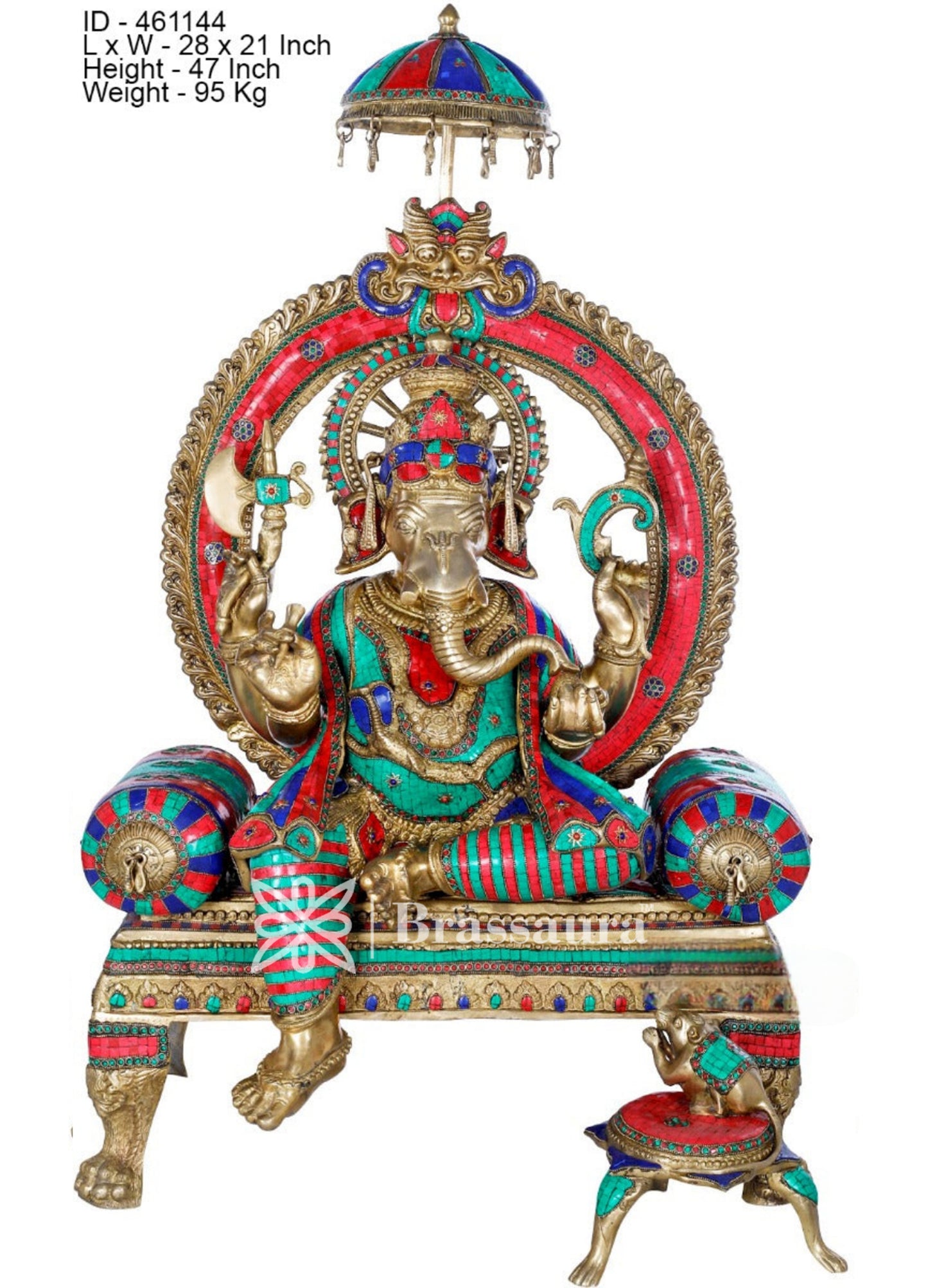 Brassaura™ Brass Gem Stone Work Ganesha Idol for Home Decor | Weight 90 Kgs | Height 47 Inches