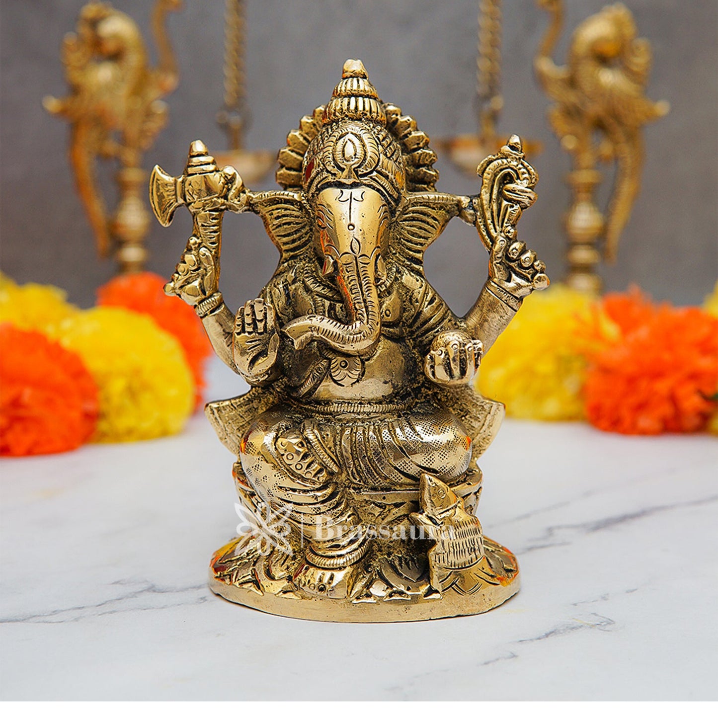 Brassaura™ Brass Ganesha Idol for Home and Decor | Weight 1.1 Kgs | Height 5 Inches