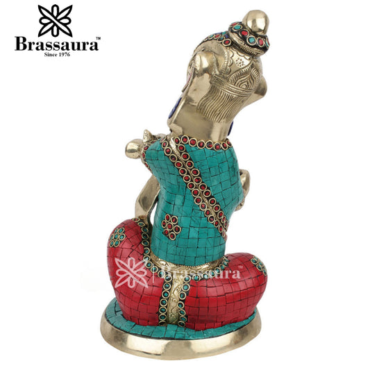 Brassaura™ Brass Ganesha Idol with Gemstone Work | Handcrafted Statue | Height 12 Inches & Weight 4.5 Kgs