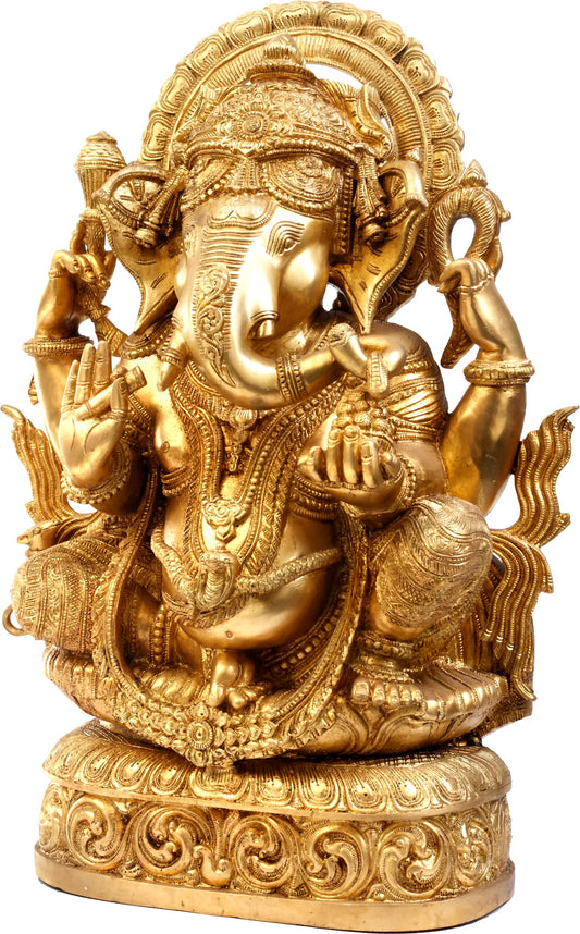 Brassaura® Ekdanta Chaturbhuja Ganesha | Handcrafted Brass Sculpture | Height 20 Inches & Weight 20.50 kgs