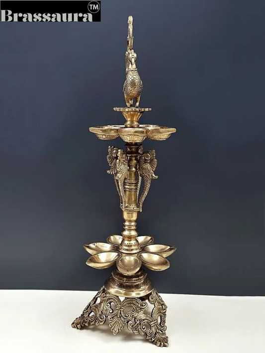 Brassaura™ Handmade 2-Layer Peacock Brass Lamp with Ten Wicks – Height 23.03 inches | Weight 5.30 kgs