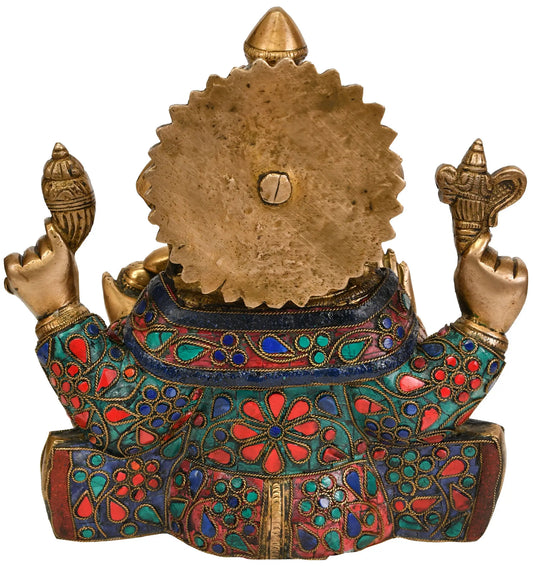 Brassaura® Lord Ganesha Seated in Easy Posture | Brass with Intricate Inlay Stonework | Height 8 Inches & Weight 4.10 kgs