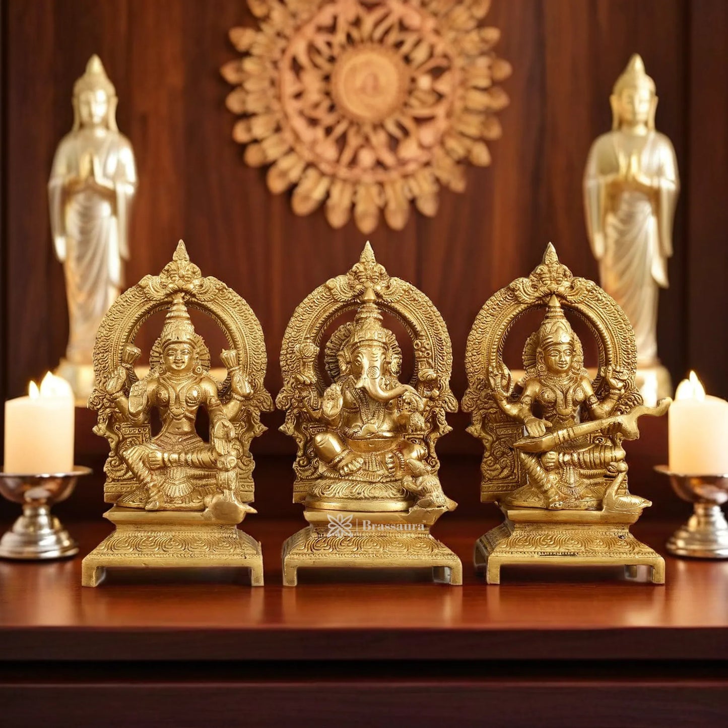 Brass Antique Lakshmi Ganesh Saraswati Height 7 Inches & Weight 5 Kgs