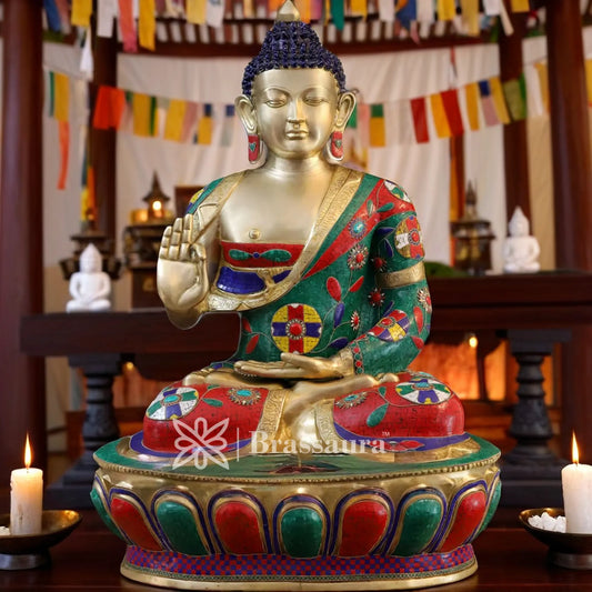 Brass Gem Stone Work Standing Buddha Weight 94.2 Kg Height 45.5 Inch