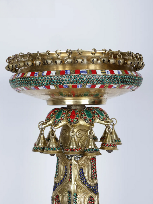 Brassaura® Brass Urli Bowl Stand with Inlay Work & Hanging Bells | Pure Brass | Height 25.2 Inches & Weight 18.10 kgs