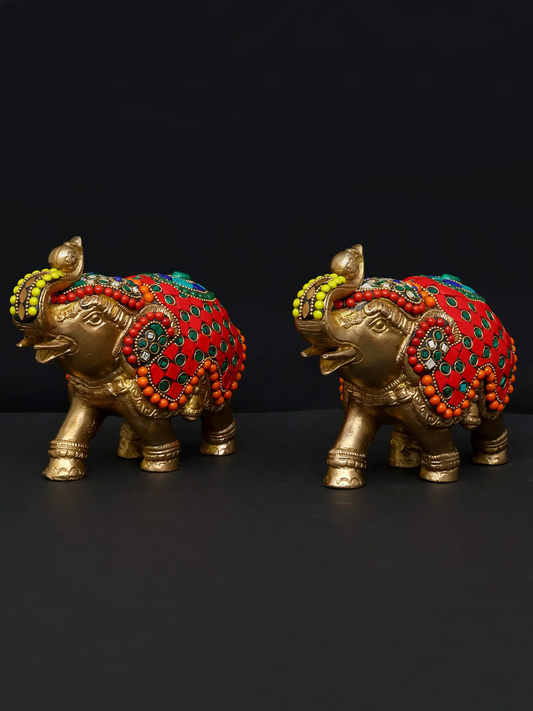 Brassaura® Pair of Elephant Brass Statues with Multicolor Inlay Work | Pure Brass | Height 5.5 Inches & Weight 3.53 kgs