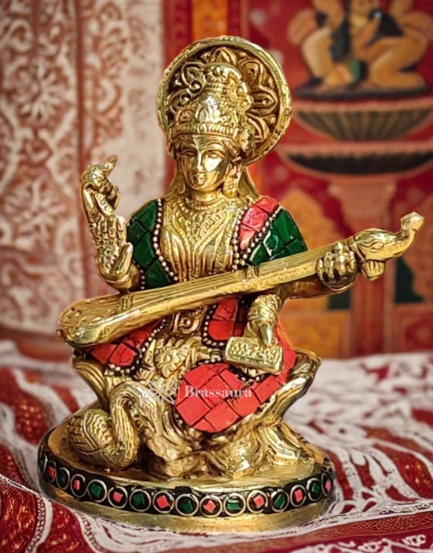 Brass Gem Stone Work Saraswati for Home and Decor Height 5.5 Inches & Weight 88 Grams