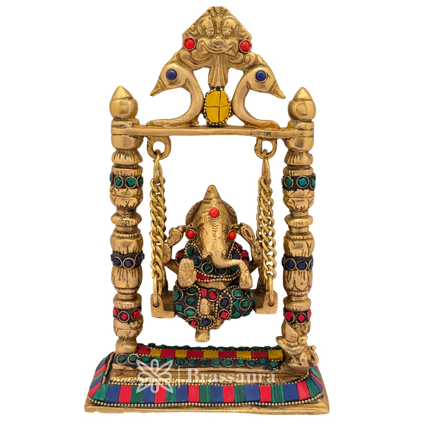Brassaura™ Brass Gem Stone Work Ganesha Jhula Idol for Home and Decor | Weight 2 Kgs | Height 9.06 Inches