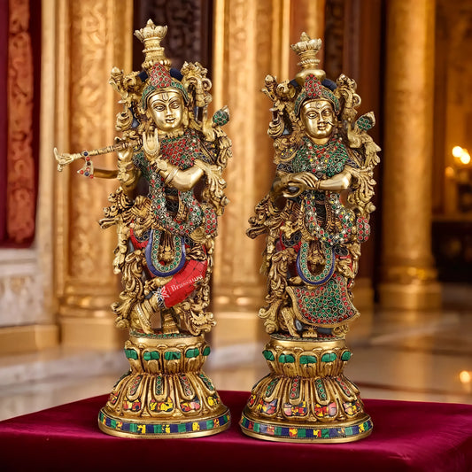Brassaura™ Brass Radha Krishna Statue Pair – Height 21 Inches & Weight 18 Kgs | Handcrafted Devotional Idol
