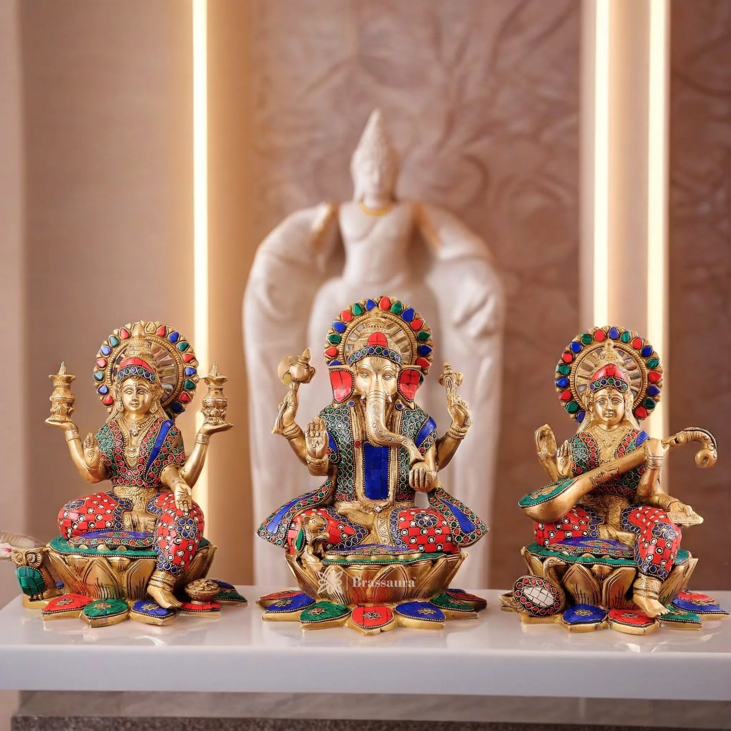 Brass Gem Stone Work Laxmi Ganesha Saraswati Murti for Home and Decor Height 12 Inches & Weight 19 Kgs