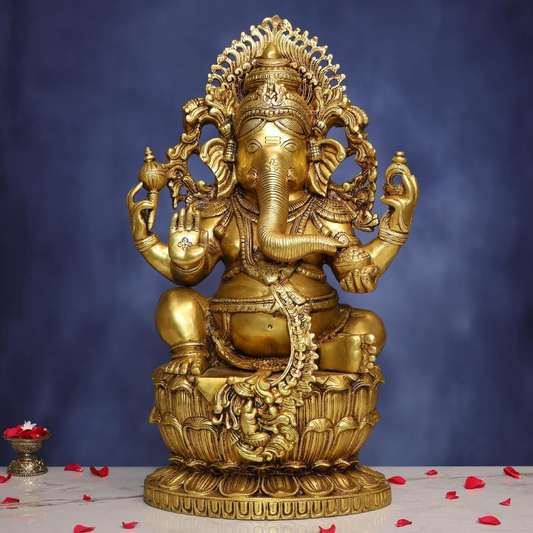 LARGE BRASS GANESH LAXMI SARASWATI IDOL - 25.5 INCHES - DIVINE TRIO STATUE