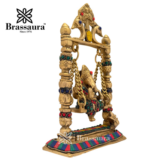 Brassaura™ Brass Gem Stone Work Ganesha Jhula Idol for Home and Decor | Weight 2 Kgs | Height 9.06 Inches