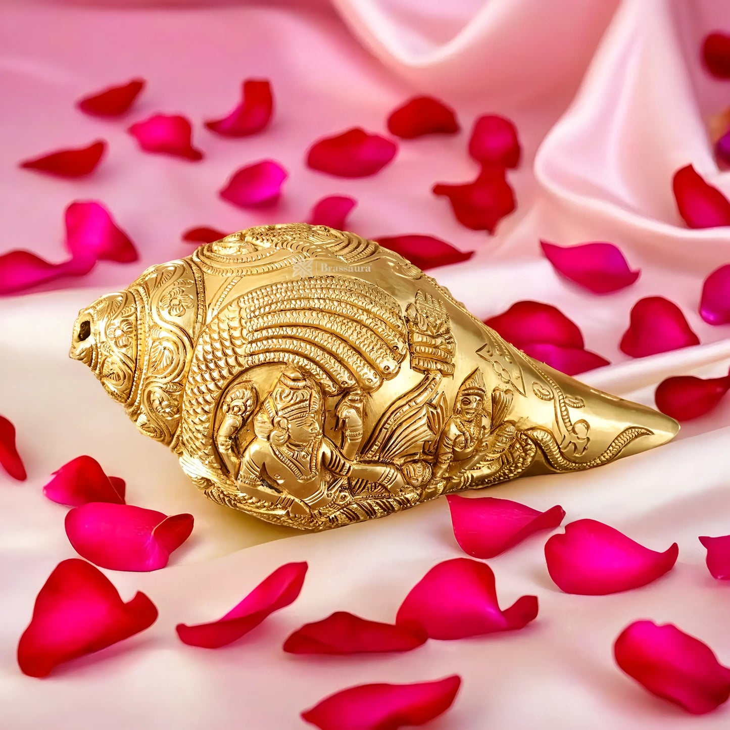 Brassaura™ Pure Brass Lakshmi Narayana Resting on Sheshanaag Shankh | 3.5 Inches Height | 1.5 Kgs Weight | Auspicious Home Décor