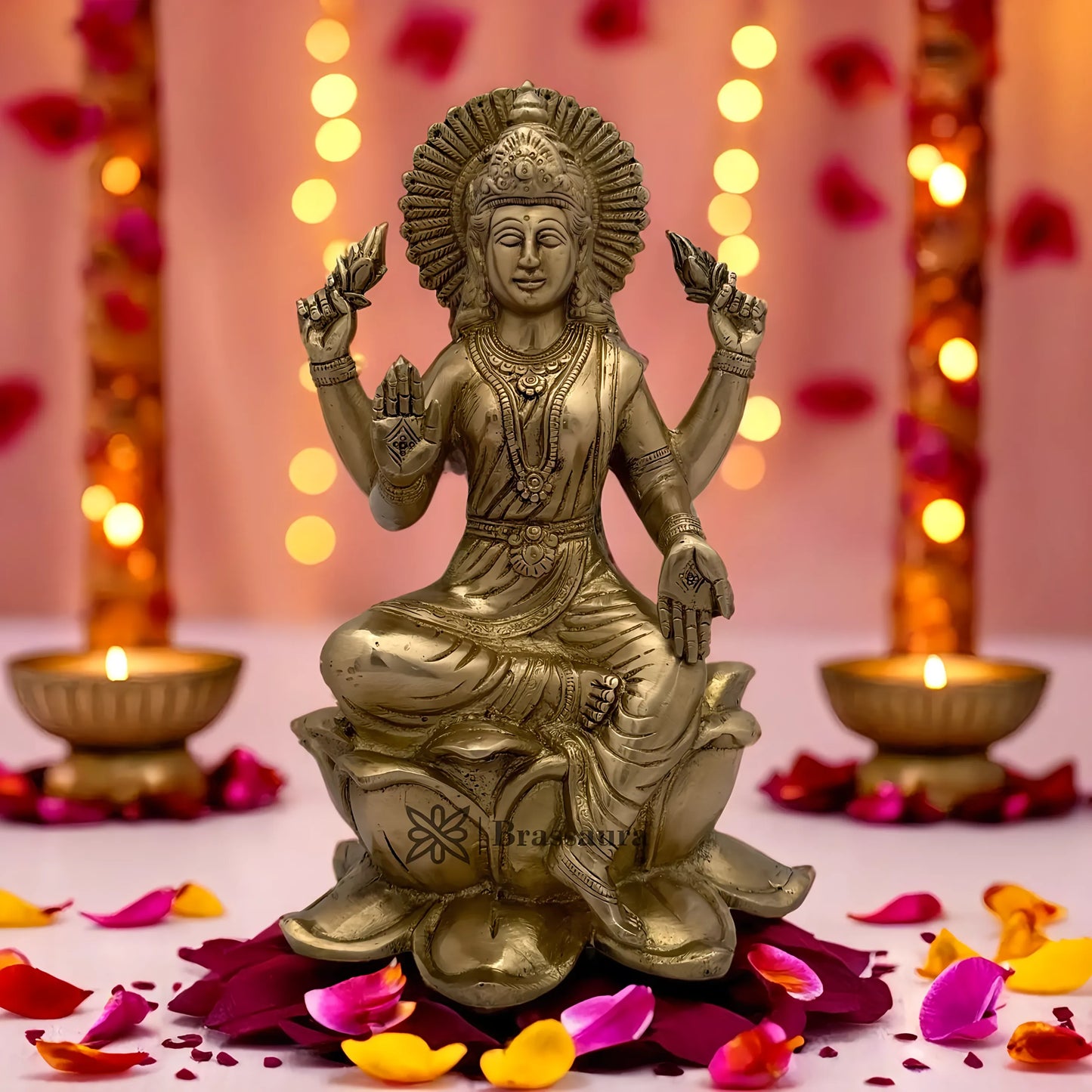 Brassaura™ Handcrafted Brass Laxmi Idol – Height 5.2 Inches & Weight 3.6 Kgs | Devotional Statue