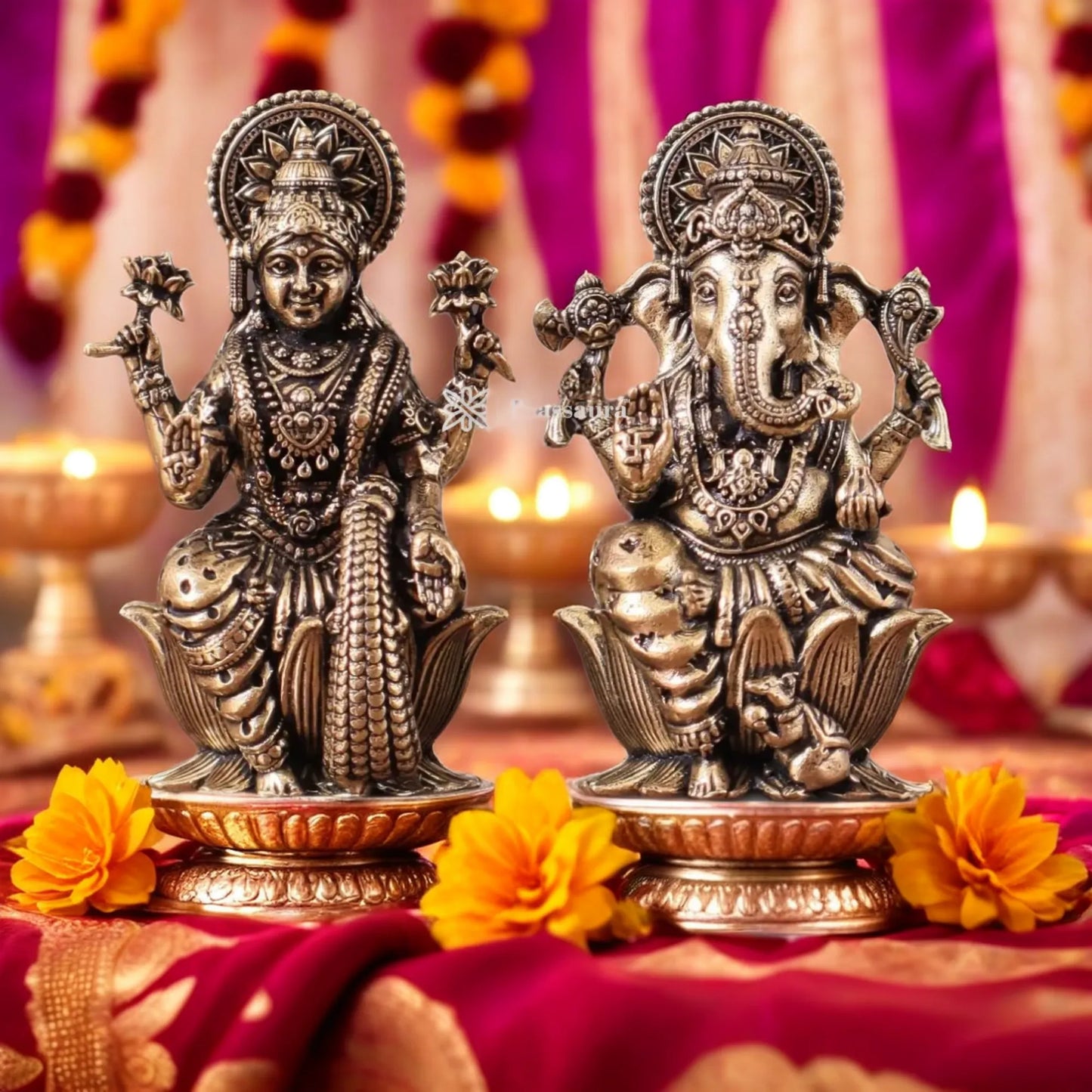 Brassaura™ Handcrafted Brass Laxmi Ganesha Idol – Height 2.5 Inches & Weight 180 Grams | Puja Room Statue