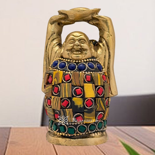 Brassaura® Brass Gem Stone Work Standing Buddha Idol for Home Decor | Pure Superfine Brass Handcrafted Murti | Brass Statue for Home Temple, Pooja Room | Height 3.54 Inches | Weight 0.5 Kg