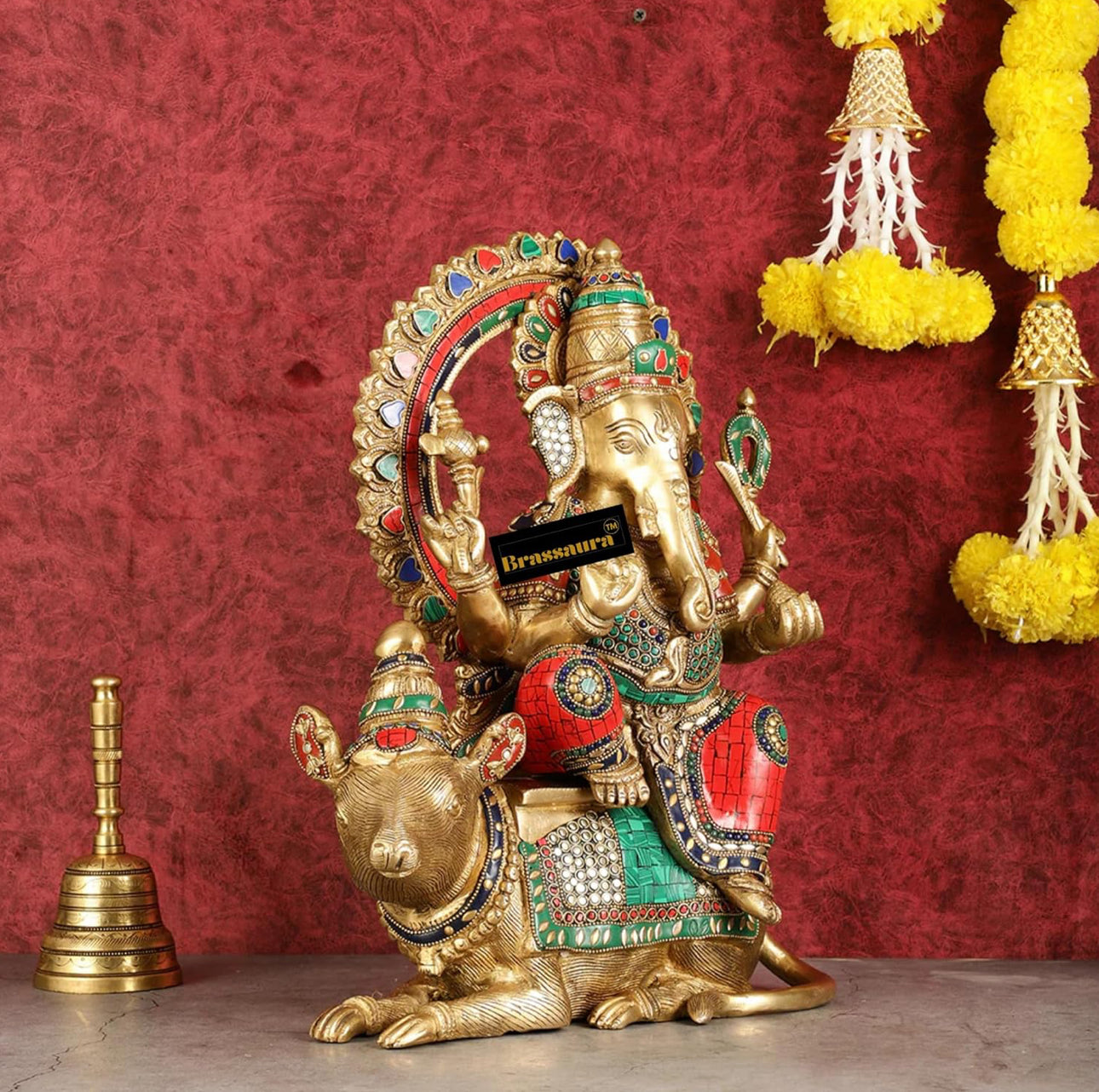 Brassaura™ Brass Ganesha on Mooshak – Meenakari & Stonework | Height 16 Inches, Weight 16 Kgs
