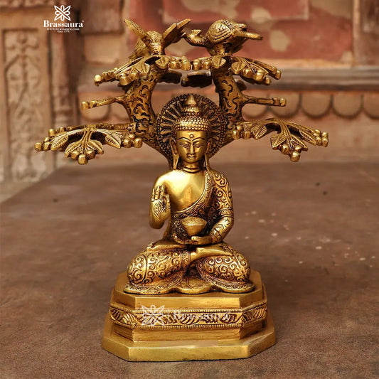 Brassaura® Buddha Statue with Tree and Peacock | Pure Superfine Brass Handcrafted Murti | Brass Statue for Home Temple, Pooja Room | Height 9 Inches | Weight 3.3 Kg