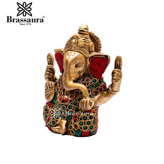 Brassaura™ Brass Gem Stone Work Appu Ganesha Idol for Home and Decor | Weight 0.8 Kgs | Height 4.5 Inches