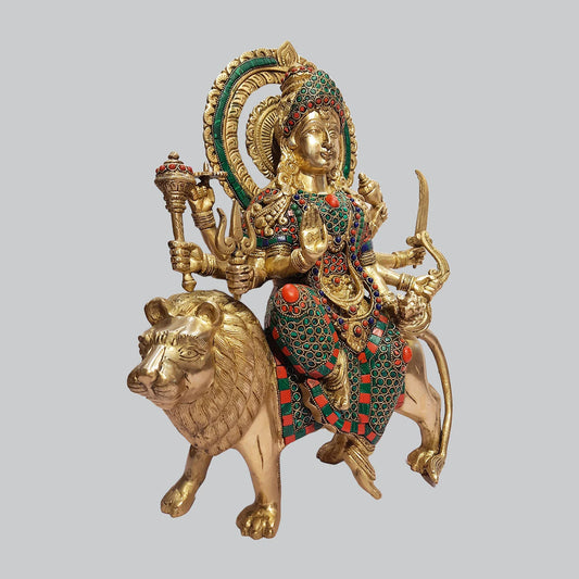 Brassaura® Maa Durga on Lion Statue with Stonework | Brass Divine Sculpture | Height 14.5 Inches & Weight 9.70 Kgs