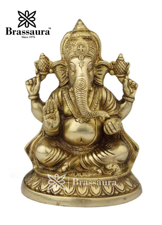 Brassaura™ Brass Ganesha Statue – “Bestower of Wisdom” | Height 8 Inches & Weight 2.5 Kgs