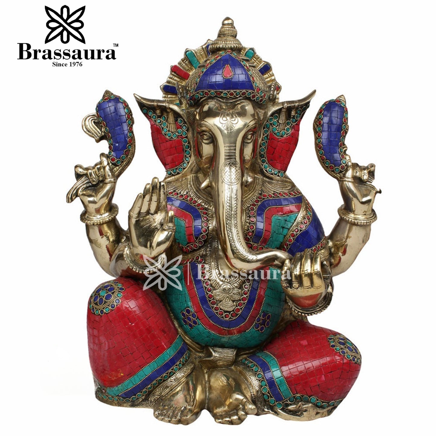 Brassaura™ Brass Gem Stone Work Jewellery Ganesha Idol for Home Décor | Weight 22.5 Kgs | Height 21 Inches