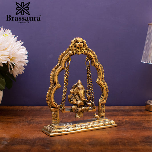 Brassaura™ Brass Ganesha Jhula Idol for Home and Decor | Weight 1.7 Kgs | Height 9 Inches