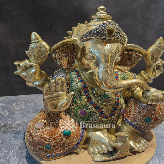 Brassaura™ Brass Gem Stone Work Ganesha Statue for Home and Decor | Weight 12.2 Kgs | Height 16 Inches