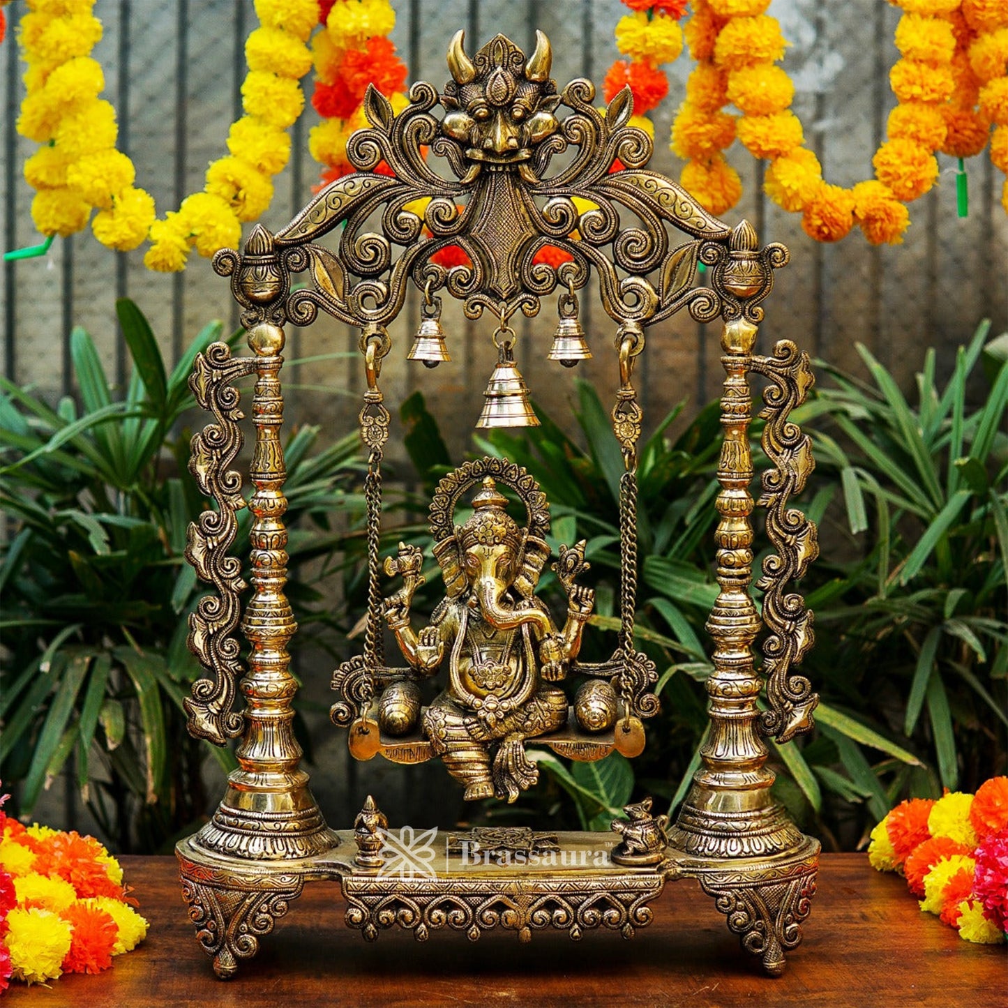 Brassaura™ Brass Ganesha Jhula Idol for Home and Decor | Weight 16.6 Kgs | Height 26 Inches