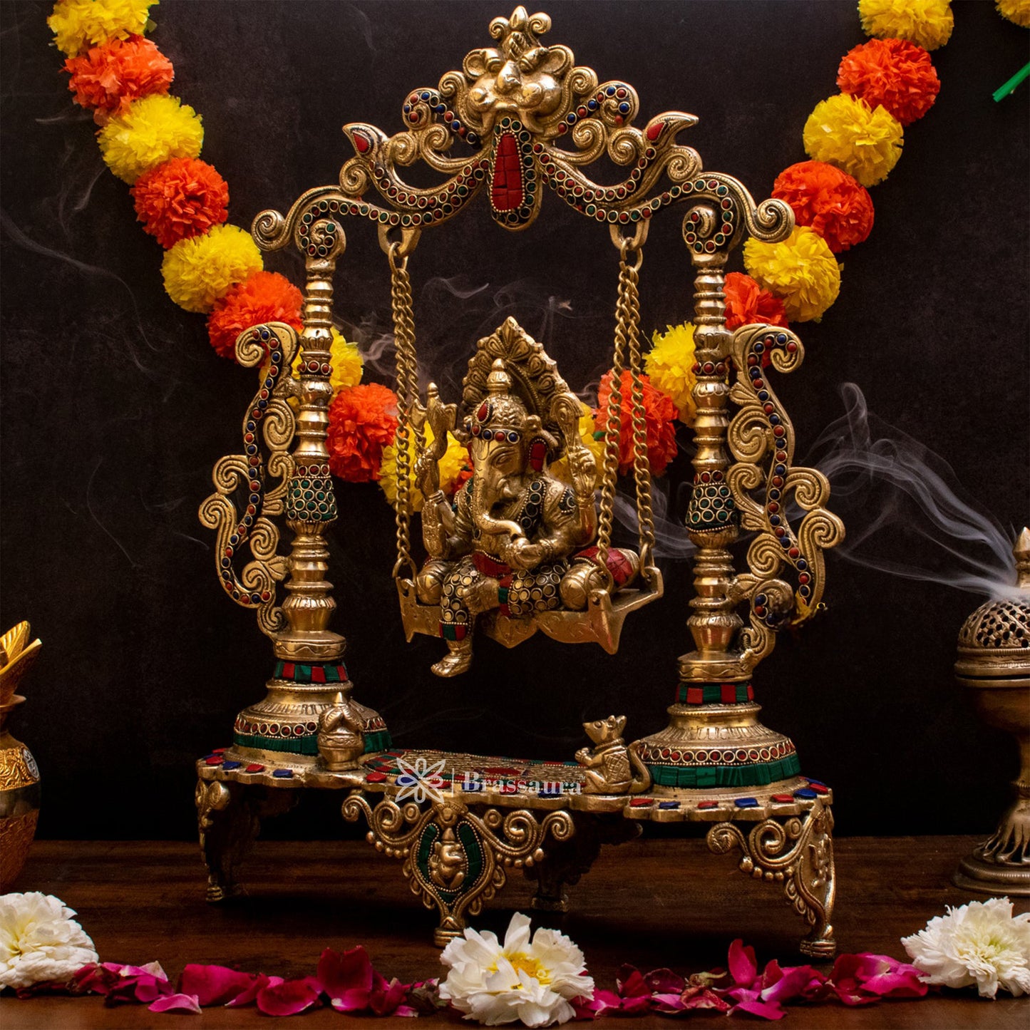 Brassaura™ Brass Gem Stone Work Ganesha Jhula Idol for Home and Decor | Weight 7.6 Kgs | Height 18.5 Inches