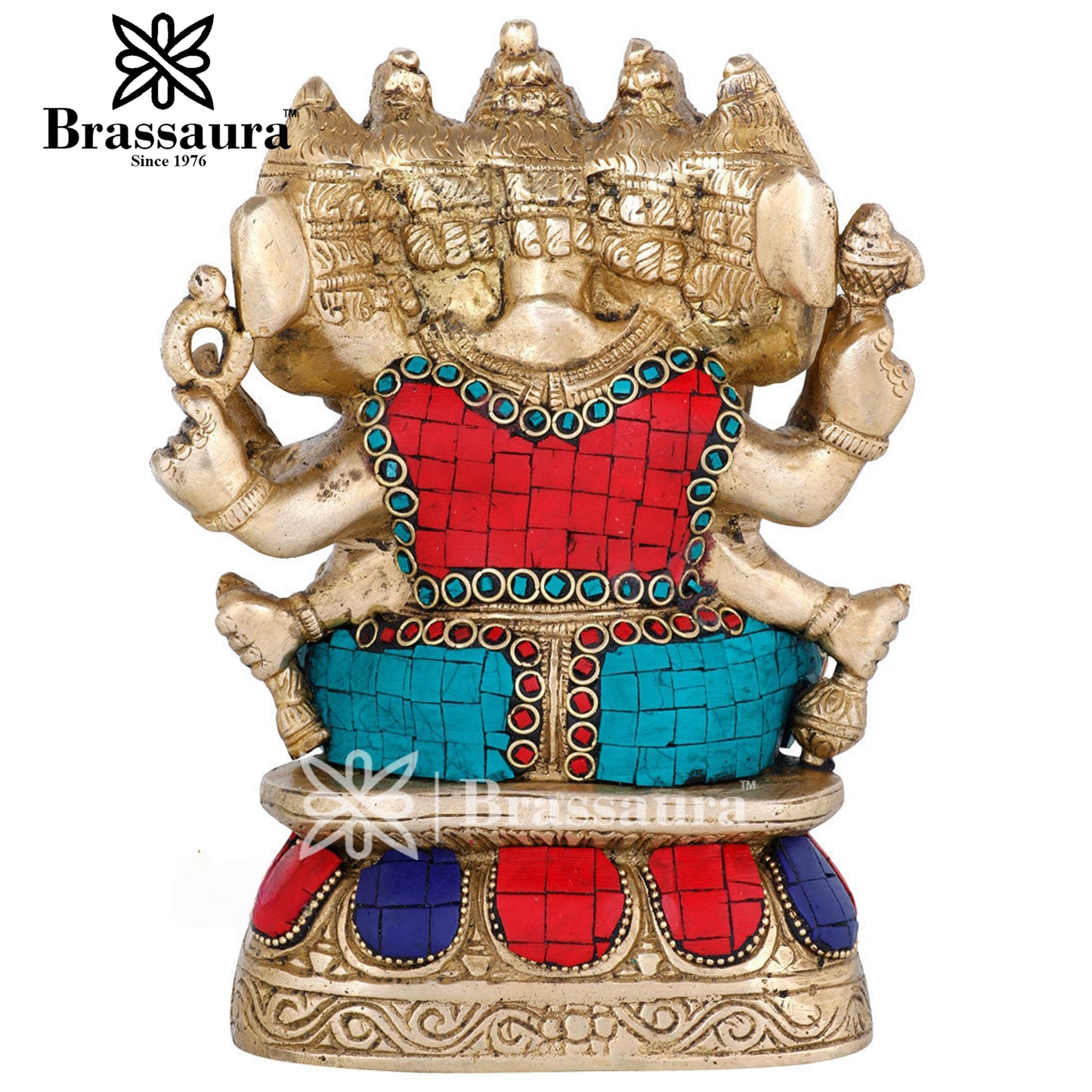 Brassaura™ Brass Gem Stone Work Panchmukhi Ganesha Statue for Home Décor & Gift | Weight 3.3 Kgs | Height 7 Inches