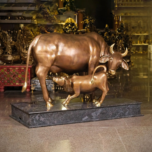 Brassaura® Brass Cow and Calf Idol with Granite Base | Height 34 Inches