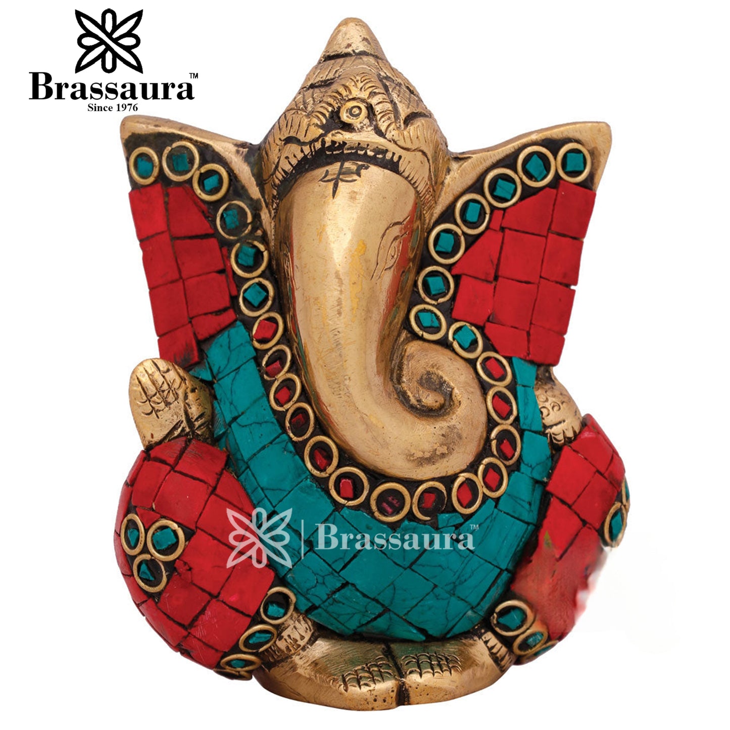 Brassaura™ Brass Gem Stone Work Ganesha Idol for Home and Decor | Weight 1 Kg | Height 4 Inches