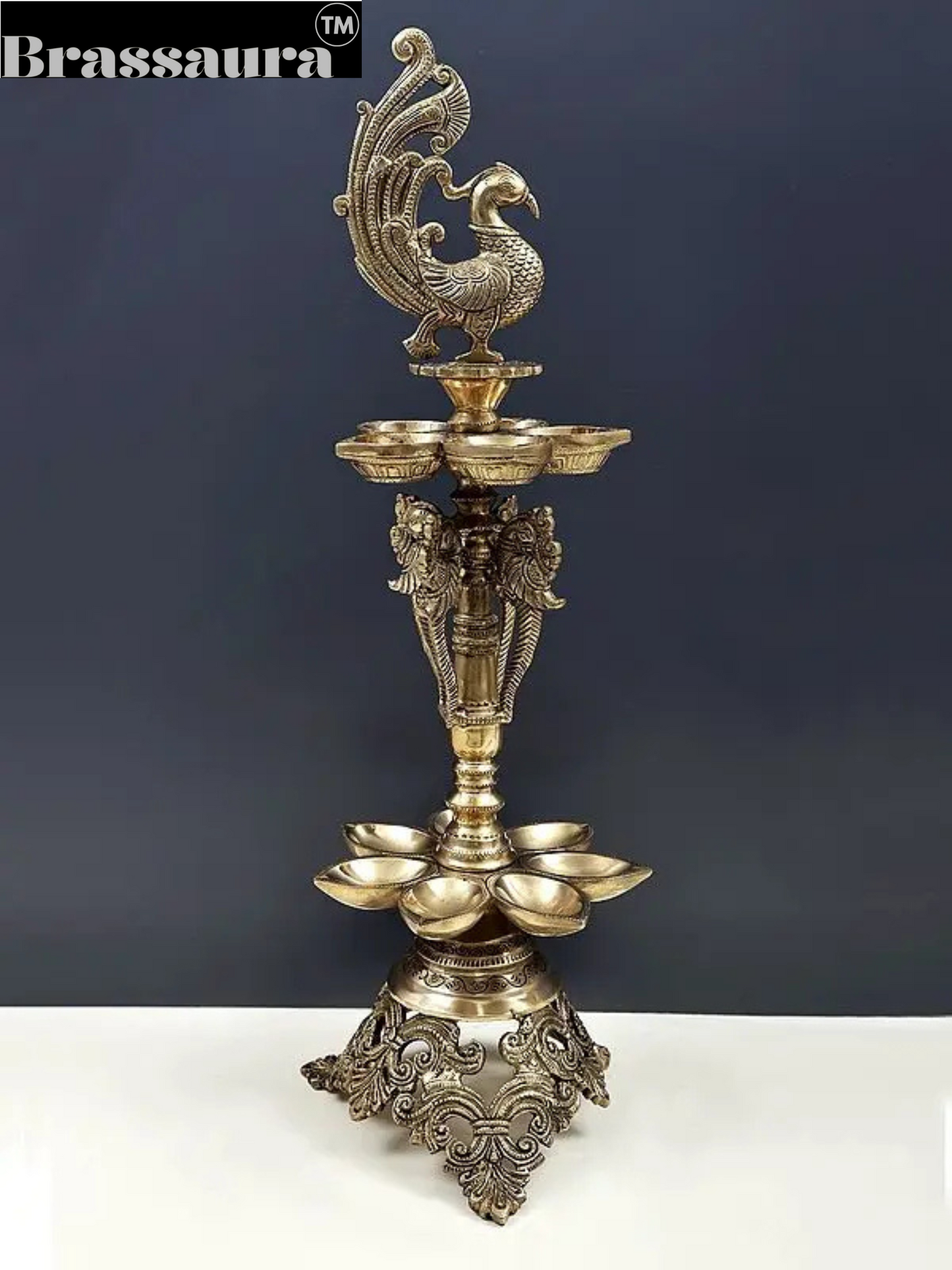 Brassaura™ Handmade 2-Layer Peacock Brass Lamp with Ten Wicks – Height 23.03 inches | Weight 5.30 kgs