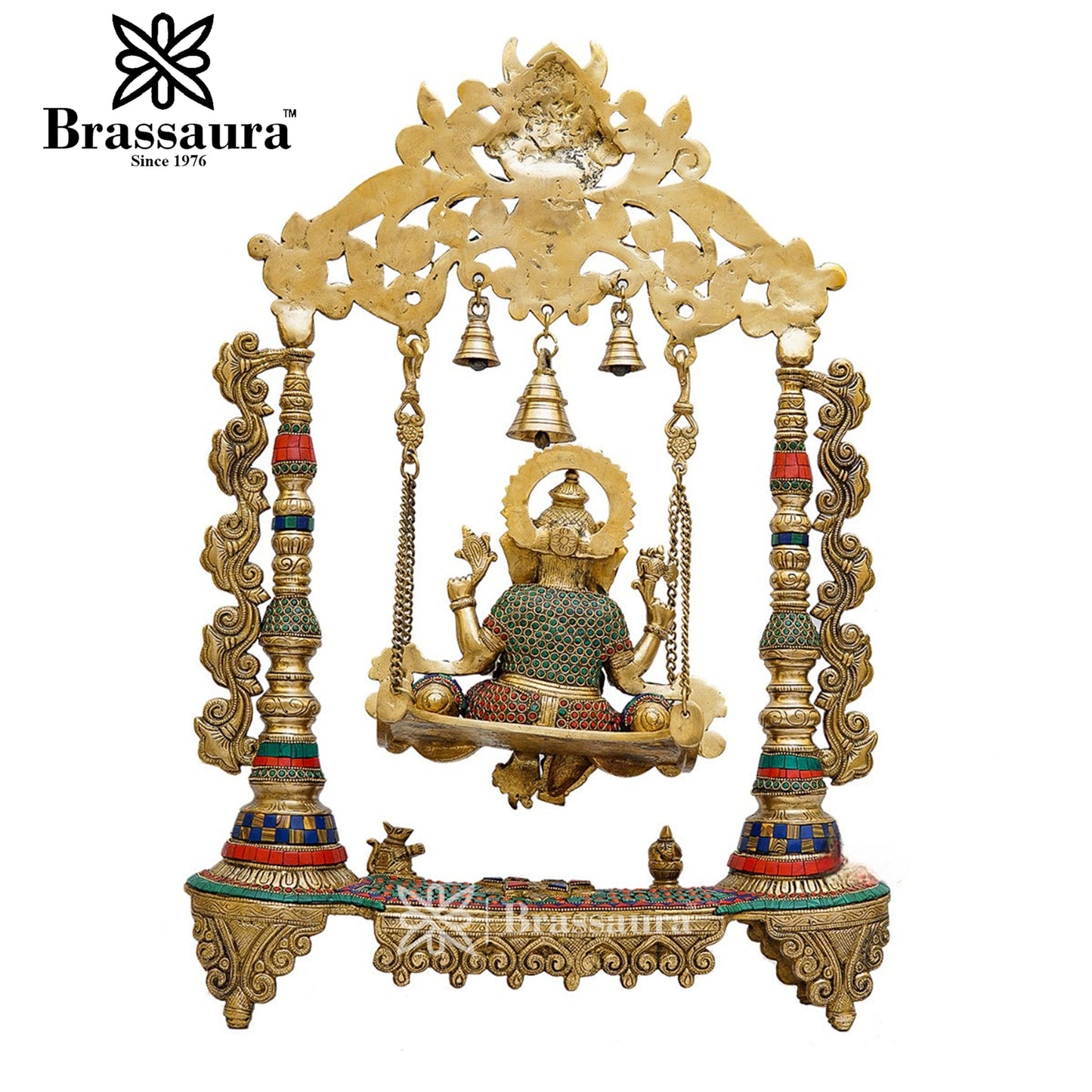 Brassaura™ Brass Gem Stone Work Ganesha Jhula Idol for Home and Decor | Weight 16.6 Kgs | Height 26 Inches