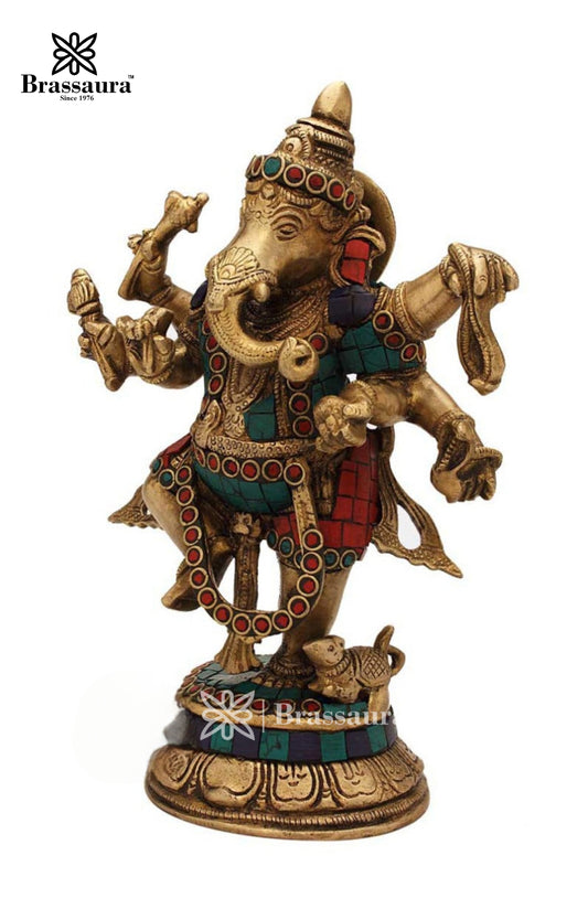 Brassaura™ Brass Gem Stone Work Dancing Ganesha Idol for Home and Decor | Weight 2.5 Kgs | Height 9 Inches